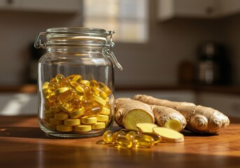 Glass jar of yellow tablets with ginger root and softgels on wood surface in warm sunlit kitchen scene