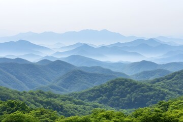 Obraz premium Serene Blue Mountains Landscape Misty Peaks and Verdant Forests A Stunning View of Rolling Hills