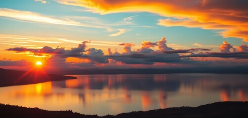 Obraz premium Blazing sunset paints the lake and sky in vibrant hues, a breathtaking panorama, photography, horizon