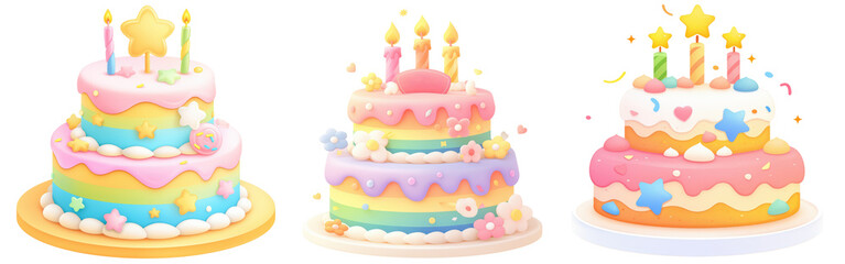 Illustration Cartoon set of Birthday Cake with Colorful Frosting and Candles on Transparent Background
