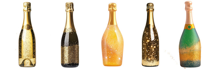 Illustration Cartoon set of Shimmering New Year's Eve Celebration with Champagne Bottle and Gold Sparkles on Transparent Background