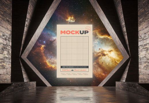 Vertical Poster Mockup on Marble Place with Space Supernova on Background