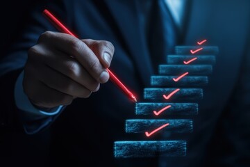 Person standing at the top of a staircase holding a red flag, symbolizing achievement and progress in the journey of goal completion