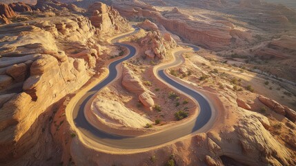 Scenic winding road through desert landscape with rocky formations and distant hills