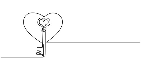 Heart-shaped lock and key in continuous one line drawing. Symbolizing love, trust, and security, Home Sweet Home Cartoon love house line pattern. Home icon or symbol. One continuous line drawing.