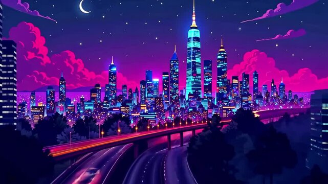 The camera smoothly approaches the night neon city through the highway, along which cars fly quickly against the background of stars, the moon and clouds. The concept of a modern city, shades, speed