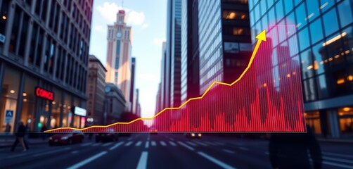 Business growth visualized on a graph, financial data analysis in urban setting, chart, finance