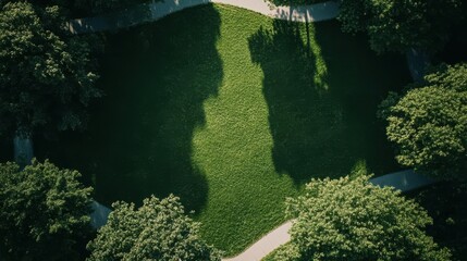 Aerial view of a lush green park with winding paths and tree shadows creating patterns