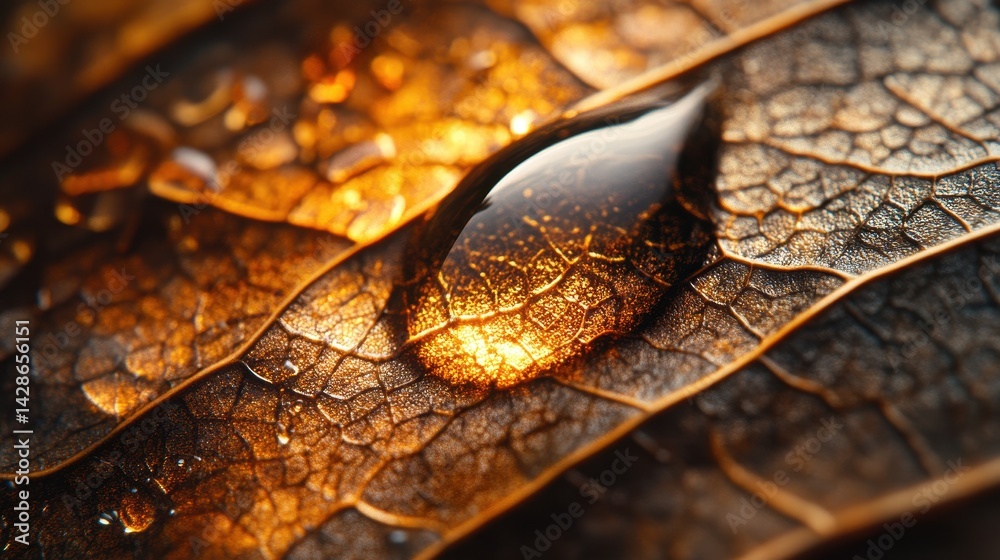 Poster close-up view of water droplets on textured, dried leaves illuminated by warm light in a natural set