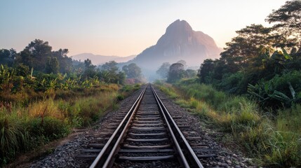 Fototapeta premium A stunning image of this image shows a railway track stretching towards a mountain enveloped in morning haze during golden hour, surrounded by lush green vegetation and reflecting the peaceful dawn.