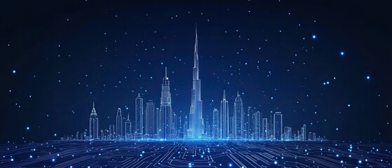 Fototapeta premium Futuristic city skyline with digital data network.