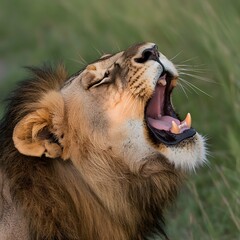 Fototapeta premium Majestic African Lion Yawning in Grassland, Close Up Wildlife Photography