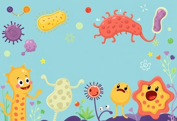 Obraz premium Cartoon good and bad bacteria illustrations; diverse shapes and colors , cute, pathogens