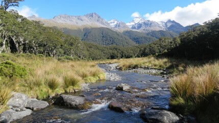 Serene Mountain River Landscape: A Breathtaking View of New Zealand's Pristine Nature