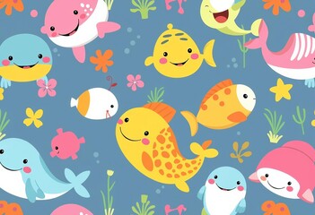 Cheerful cartoon marine animals in a repeating vector pattern, background, whimsical