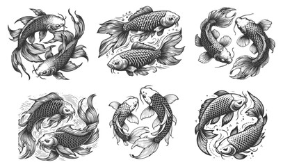 koi fish Set collection symbolizing harmony, balance, and Japanese tradition bundle sketch engraving generative ai vector illustration. Scratch board imitation. Black and white image.