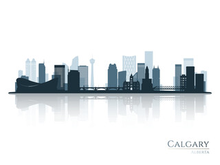 Calgary skyline silhouette with reflection. Landscape Calgary, Alberta. Vector illustration.