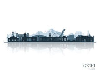 Sochi skyline silhouette with reflection. Landscape Sochi, Russia. Vector illustration.