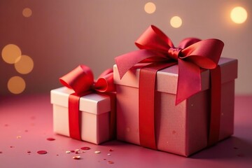 Obraz premium Elegant red ribbon tied gift boxes, gold accents, image, holiday, background