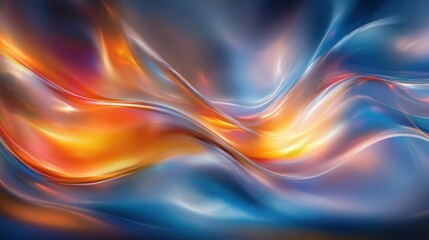 Obraz premium Abstract fluid motion with vibrant colors. Dynamic flowing forms in a blend of fiery oranges and cool blues. Soft, glowing light effects create a sense of movement and energy