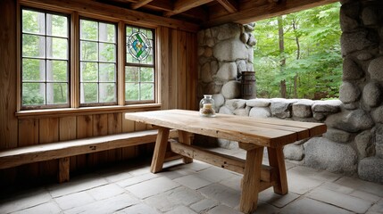 A rustic chapel prayer room with reclaimed wood pew and stained glass window casting colored beams on stone floor