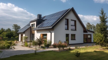 A stunning image of new suburban house with a photovoltaic system on the roof. Modern eco friendly passive house with landscaped yard. Solar panels on the gable roof.