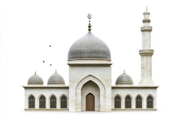 A majestic mosque with intricate domes and a tall minaret, set against a clear sky, symbolizing spirituality
