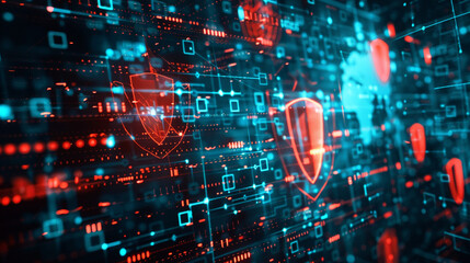 Digital Fortress: A Vibrant Network of Interconnected Lines and Glowing Shield Icons, Representing Cybersecurity and Data Protection.