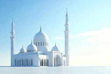 Obraz premium Majestic white mosque under clear blue sky with serene surroundings and reflective water