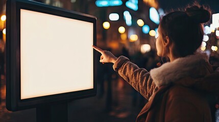 Woman interacts with an illuminated digital billboard in a vibrant urban night setting