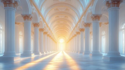 Sunlit classical hall with white columns and arches.