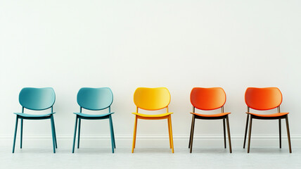 Obraz premium Colorful chairs in a row on a white background.