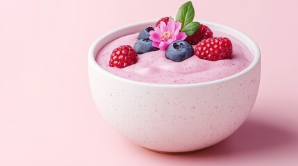 Creamy Pink Smoothie Bowl Topped with Fresh Berries and Mint Leaves on a Soft Pink Background for Healthy Diet and Eco-Friendly Lifestyle