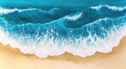 An aerial view of a sandy beach with foamy blue waves breaking against the shore