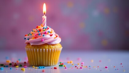 Colorful birthday cupcake with sparkly sprinkles and a lit candle on top, candle, sweet