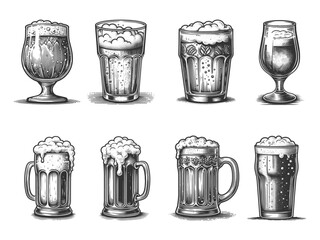 beer glasses and mugs with frothy tops, perfect for brewery, Oktoberfest, or pub themes set collection bundle sketch engraving generative ai vector illustration. Scratch board. Black and white image.