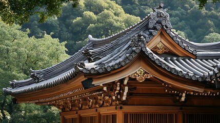 Ornate, traditional Japanese temple roof structure, detailed view.