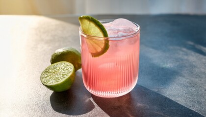 refreshing pink cocktail with lime and ice in sunlight n summer drink photography tropical beverage for bar restaurant branding