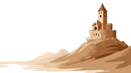 Serene Deserted Castle on a Hill Surrounded by Soft Sands and Calm Waters Under Clear Sky
