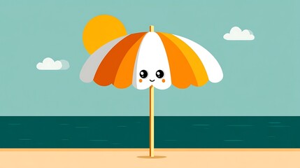 Obraz premium Cute Cartoon Beach Umbrella Smiling with Sunny Background in Vibrant Colors and Cheerful Atmosphere