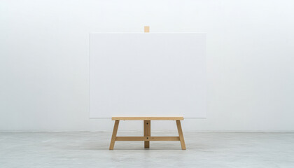 large blank white canvas with smooth texture is displayed on wooden easel in minimalist studio setting, inviting creativity and artistic expression