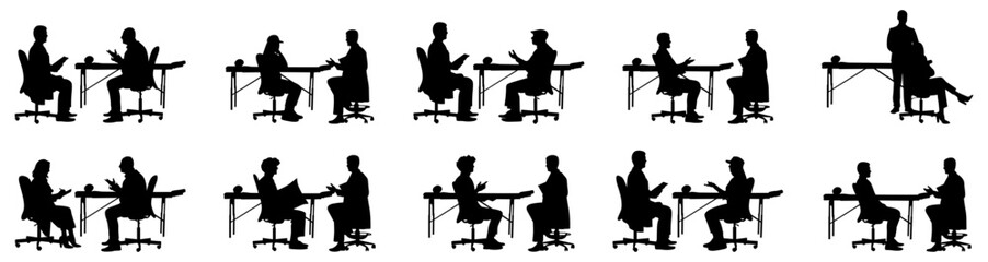 A doctor is sitting in front of a bed, advising a patient on a vector set.