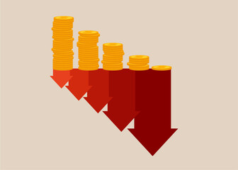 Red down arrows and coin stacks. Crisis, bankrupt. Flat vector illustration