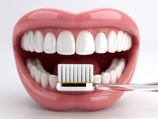 Close-up View of Open Mouth with Bright White Teeth and Toothbrush