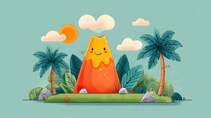 Cheerful Cartoon Volcano with Smiling Face Surrounded by Tropical Plants and a Bright Sunny Sky