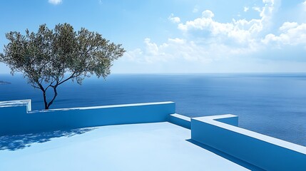 Obraz premium Coastal, minimalist, blue-toned terrace overlooking a vast ocean.