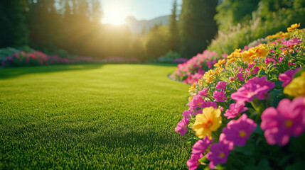 Obraz premium lush and vibrant garden filled with colorful flowers, showcasing perfectly manicured lawn under warm sunlight. scene evokes sense of tranquility and natural beauty