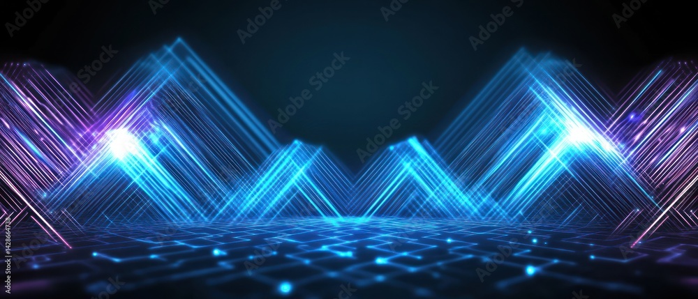 Poster abstract neon light landscape with geometric patterns and grid design