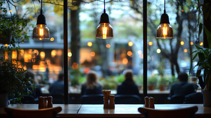 Obraz premium blurred cafe interior with people sitting by window,