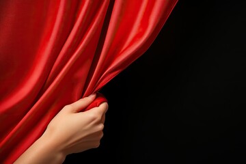 Hand pulling back rich red satin curtain revealing black background
